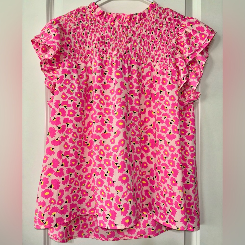 THML Anthropologie Pink Flutter Sleeve Blouse Top Size Large
